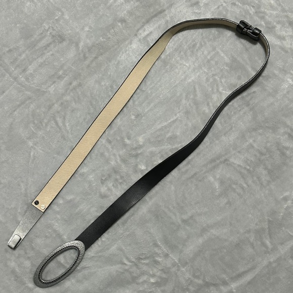 Chico's Accessories - Chicos Black Genuine Leather Belt Oval Silver Tone Chain Detail Buckle M/L